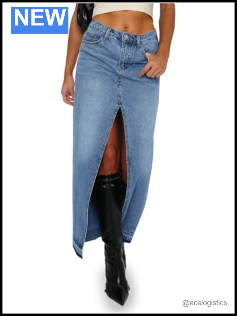 High Waisted Denim Maxi Skirt with Split, Cotton Blend, Fitted Casual Jean Skirt